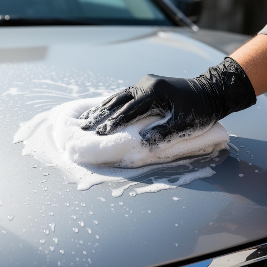 Hand washing a car hood with foam