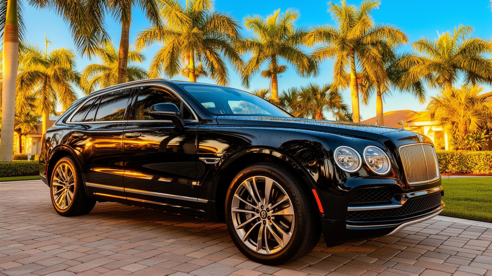 Freshly detailed luxury SUV in a Florida driveway with palm trees